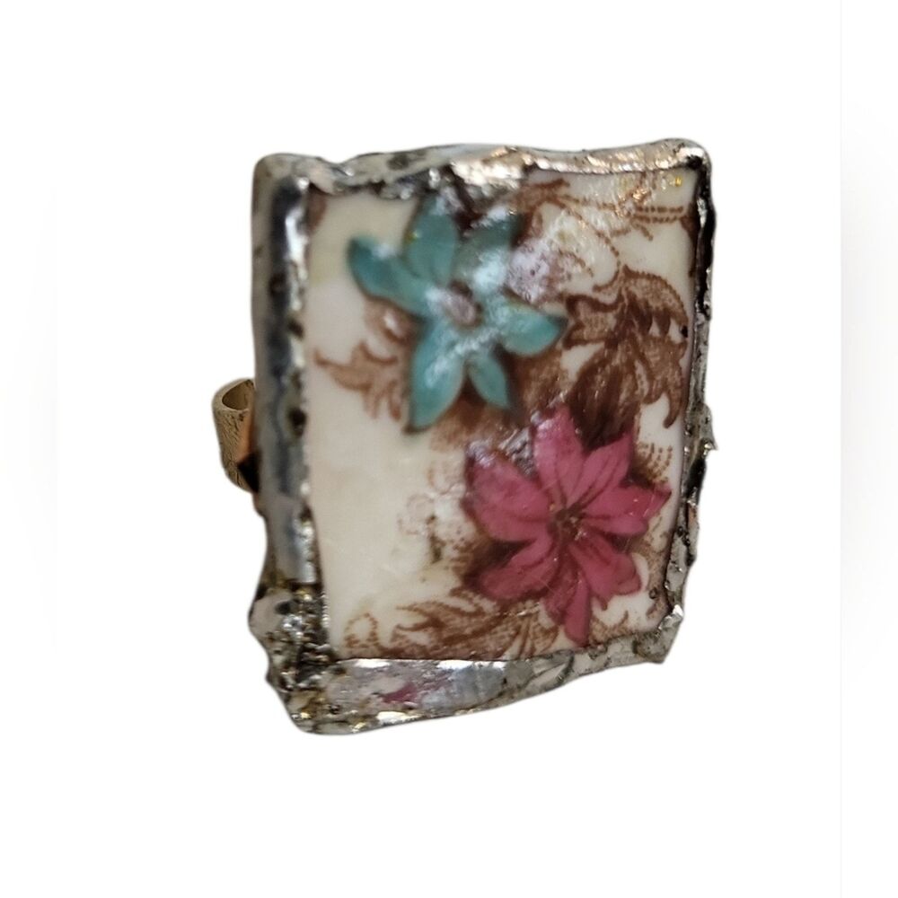 Minton Pink Floral Broken China Cross Ring 18K Gold Plated Stainless Steel Caboc